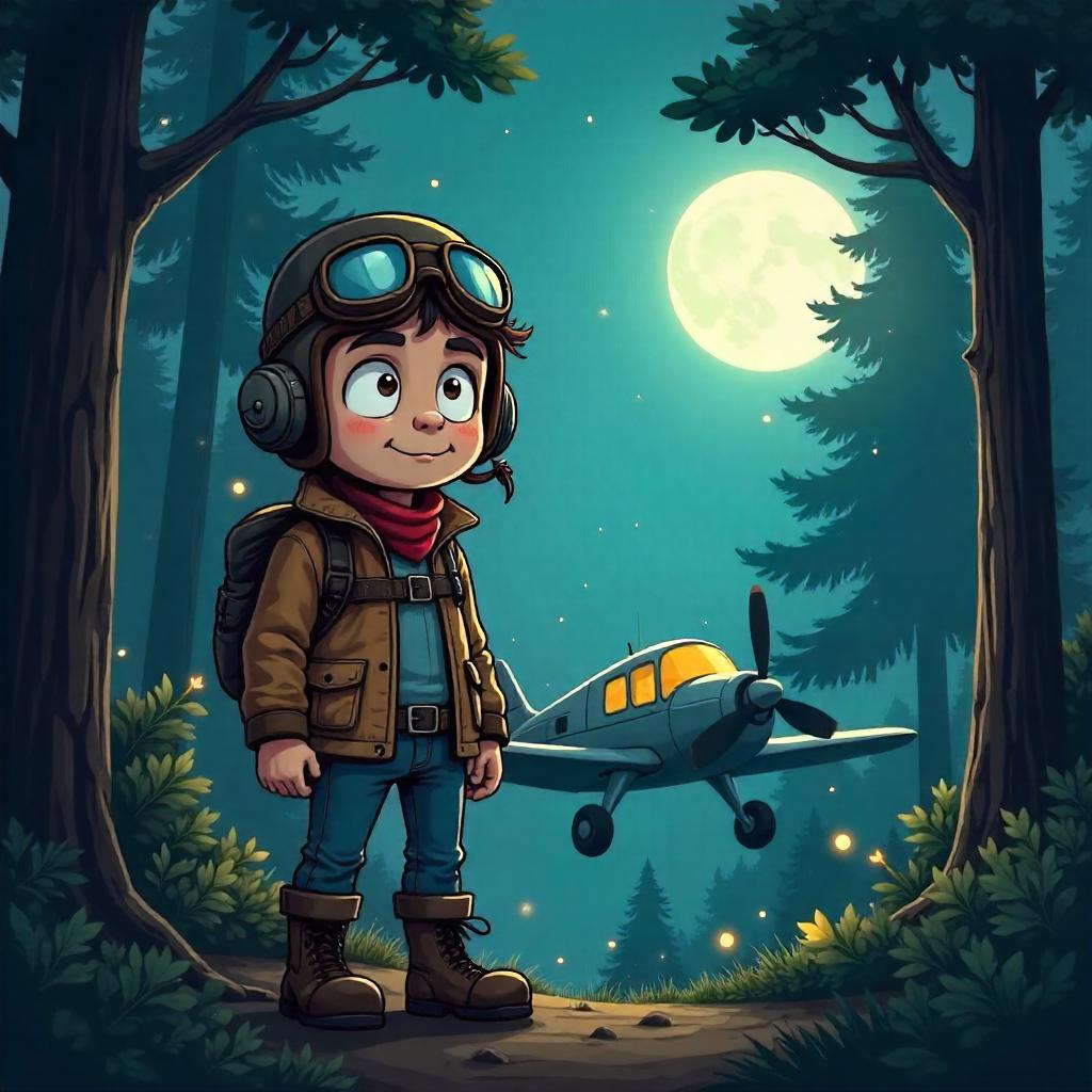 Moonlit Cartoon Pilot Lost in the Dark Forest