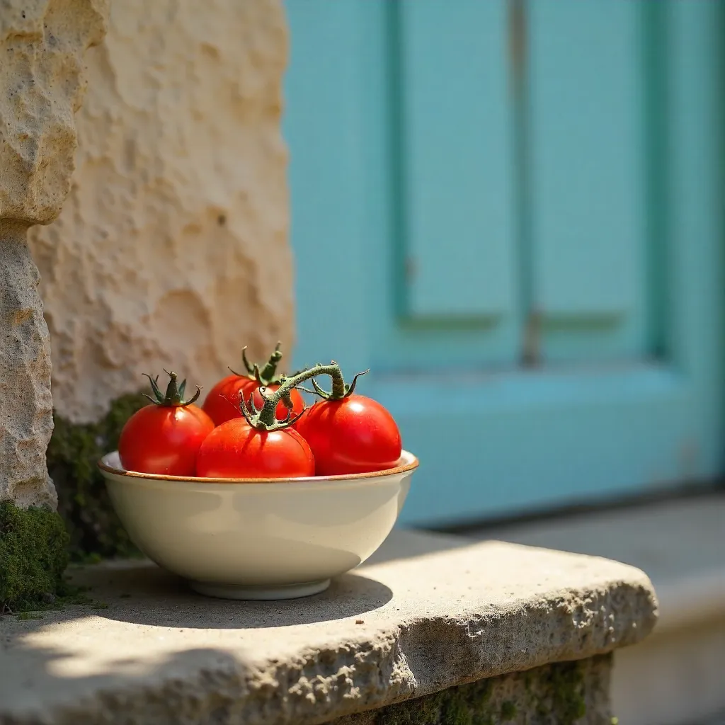 Tomatoes on Stone Step by Pale Blue Door