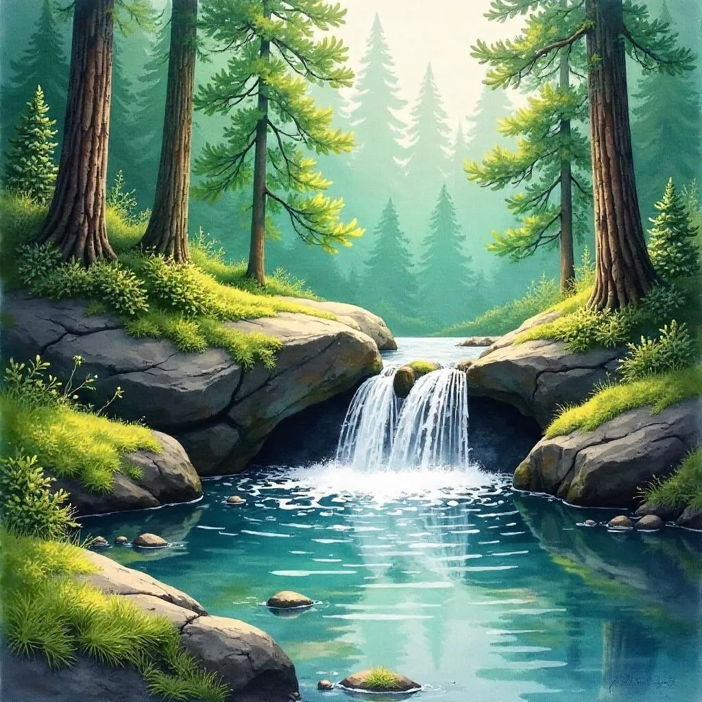Waterfall in a Pine Forest - Watercolor Scene