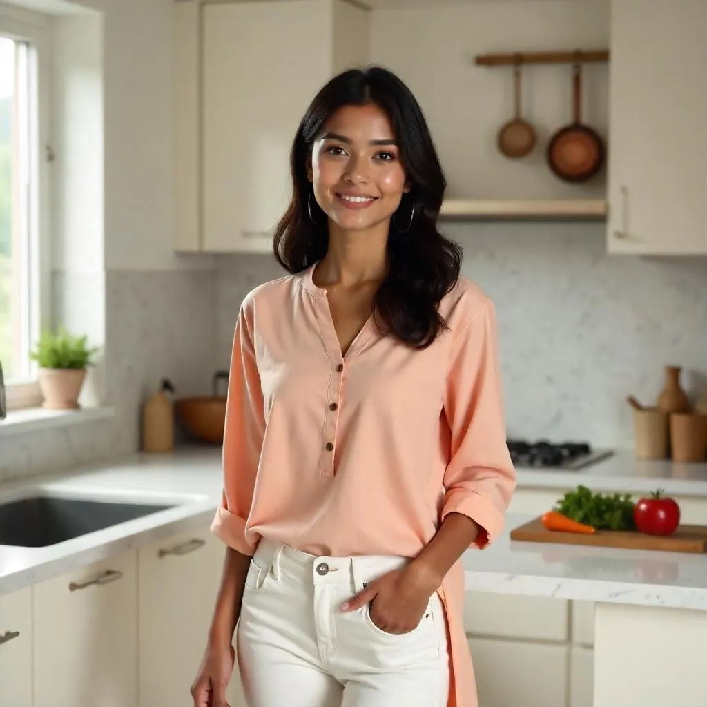 Photorealistic Young Indian Woman in Modern Kitchen