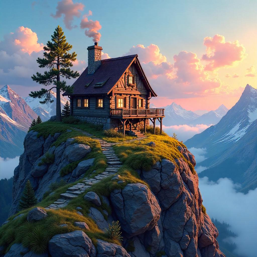 Cottage on a Windy Mountain Peak (Digital Art)