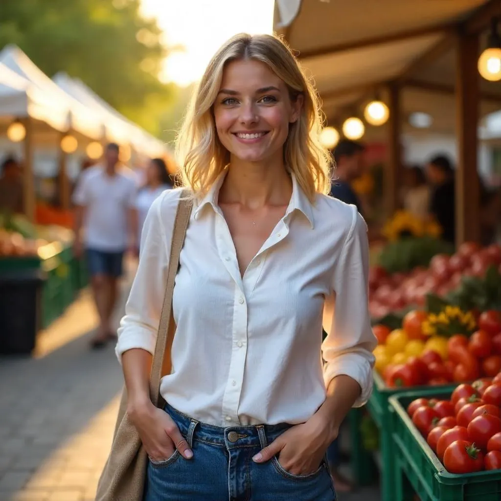Confident White Woman at a Farmers Market
