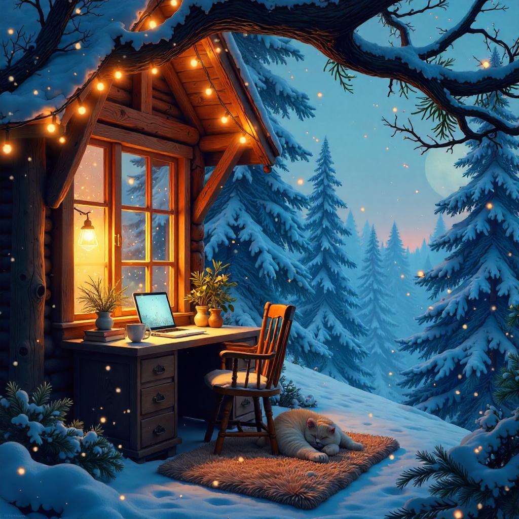 Snowy Treehouse in Dreamy Digital Winter