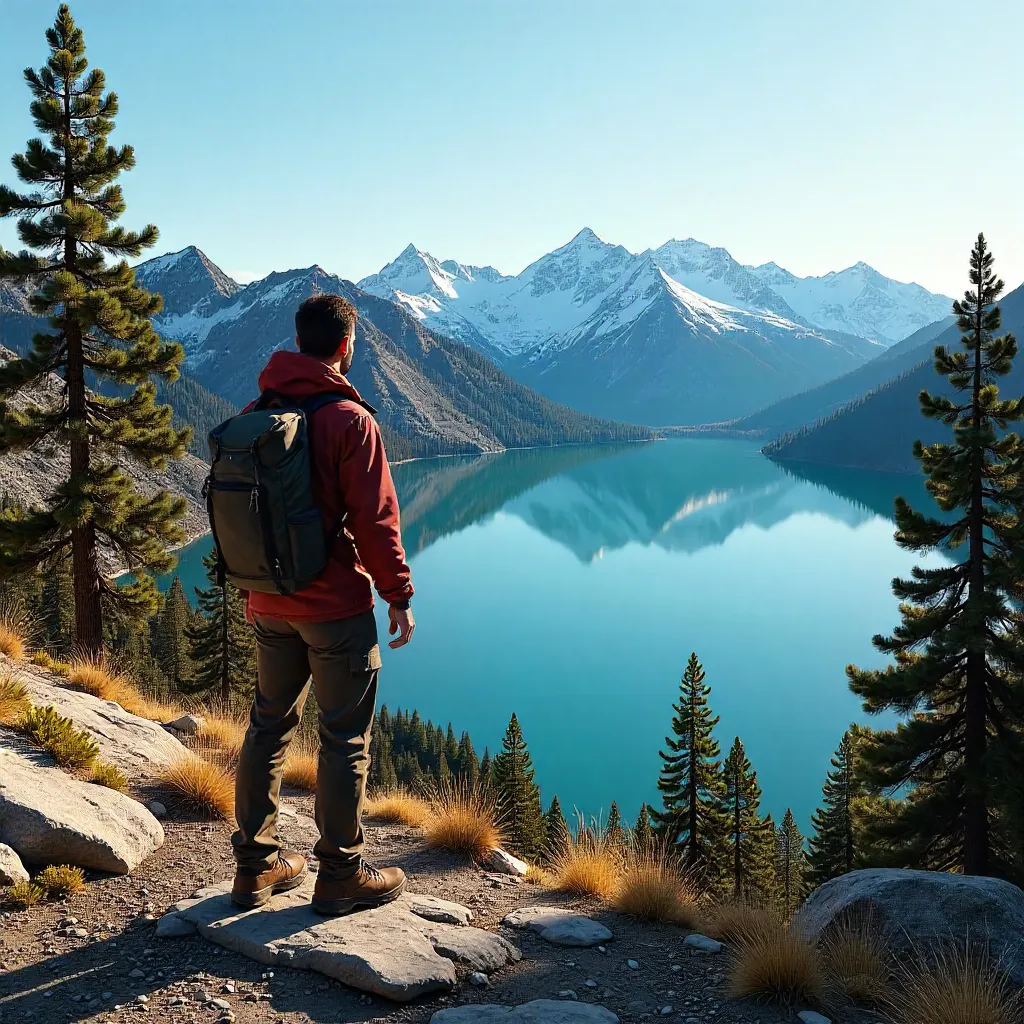Hiker Overlook at Lake Tahoe: Snowy Peaks and Serene Waters