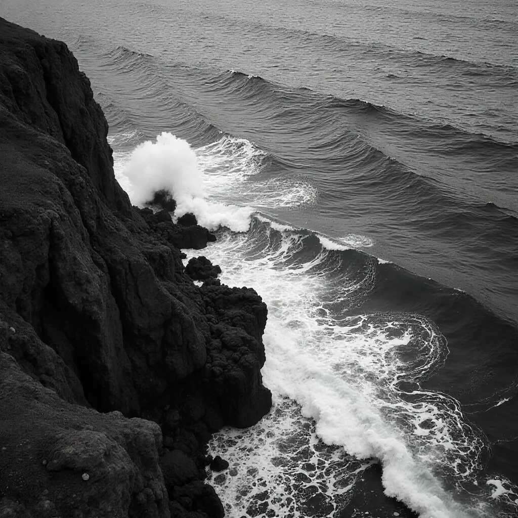 Aerial Monochrome: Waves Crashing on Jagged Shoreline