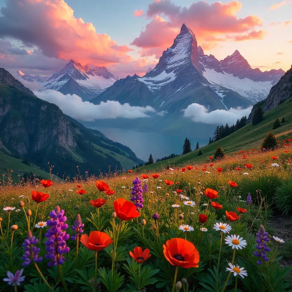 Sunrise over Alpine Wildflowers and Cloud-veiled Peaks