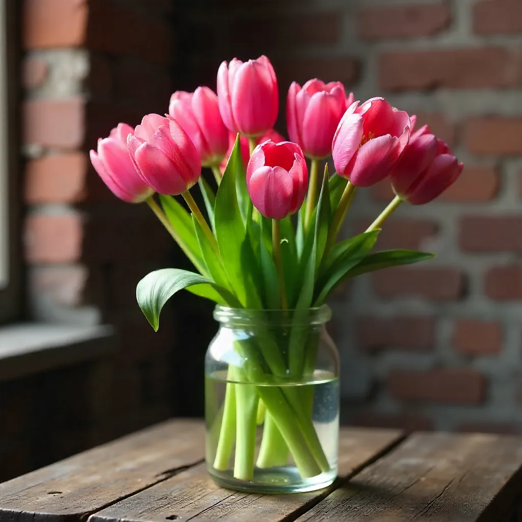 Pink Tulips in Glass Vase by Rustic Brick Wall