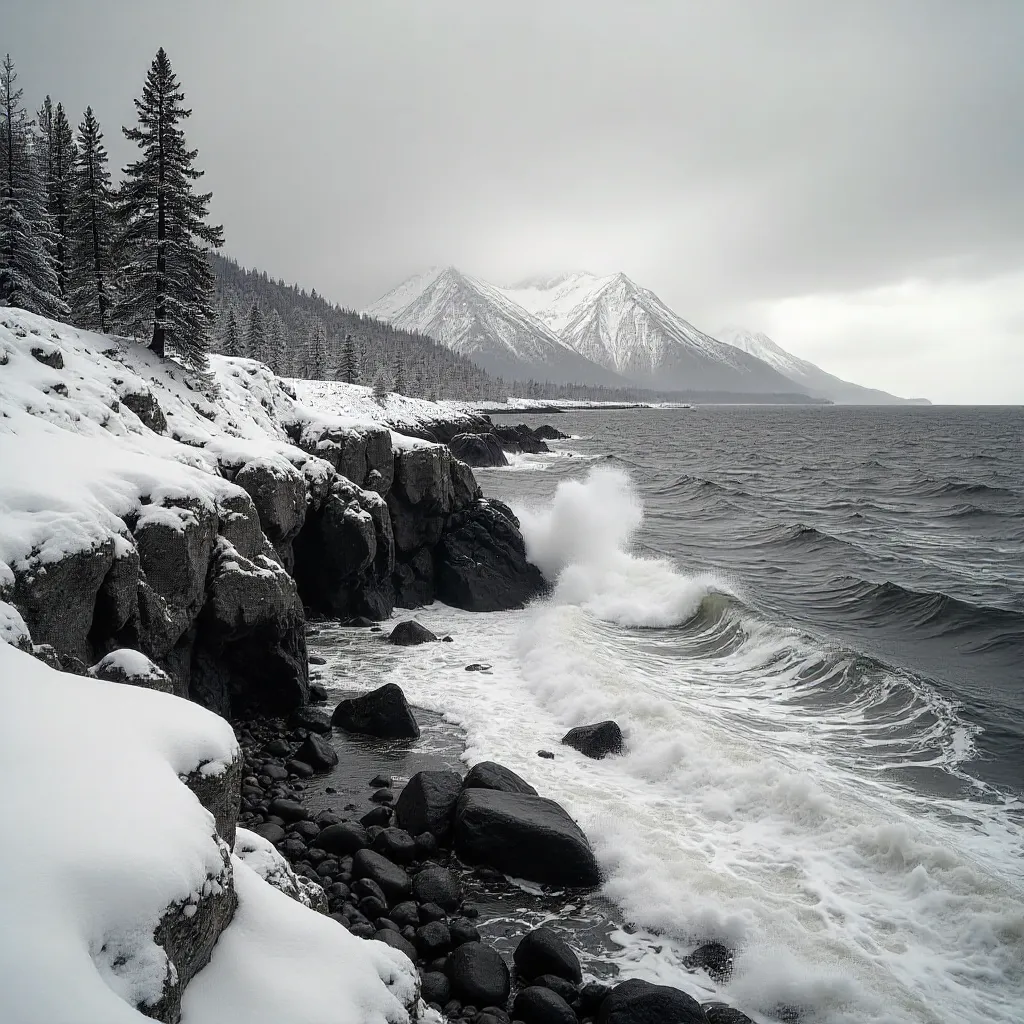 Monochrome Winter Mountains over Rocky Shoreline