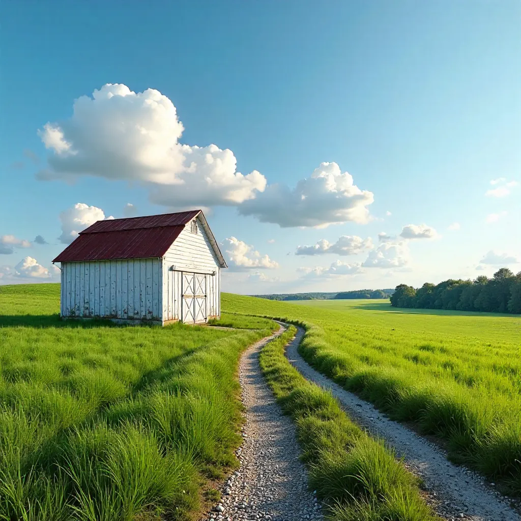 Solitary White Barn Amid Emerald Fields Under a Blue Sky