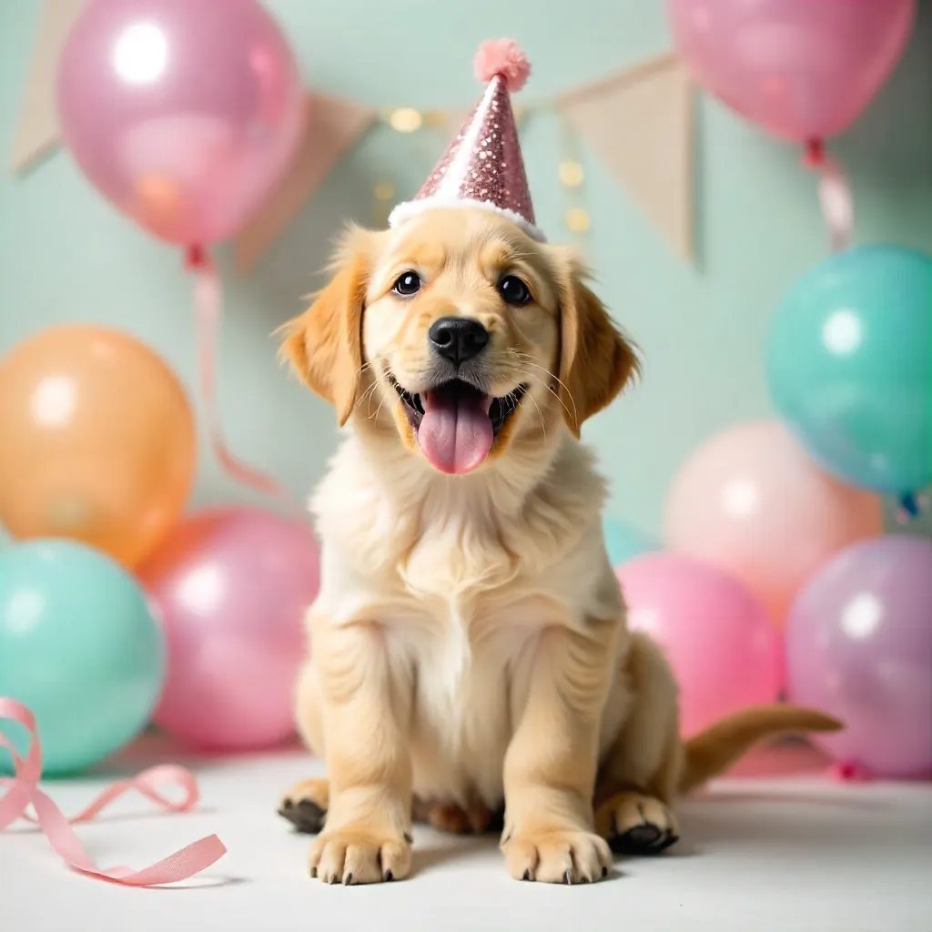 Adorable Studio Party Pup with Balloons and Disco Ball