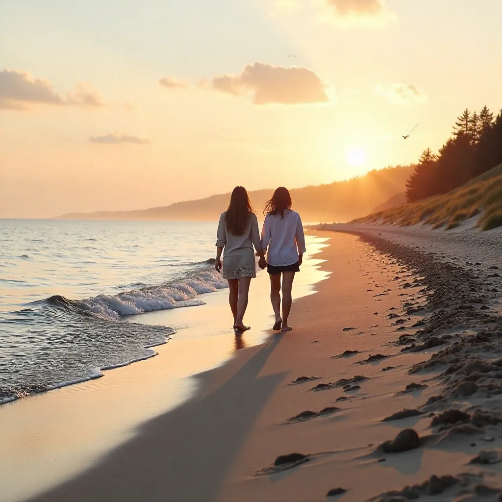 Two Walkers on Ragaciems Seashore at Golden Hour