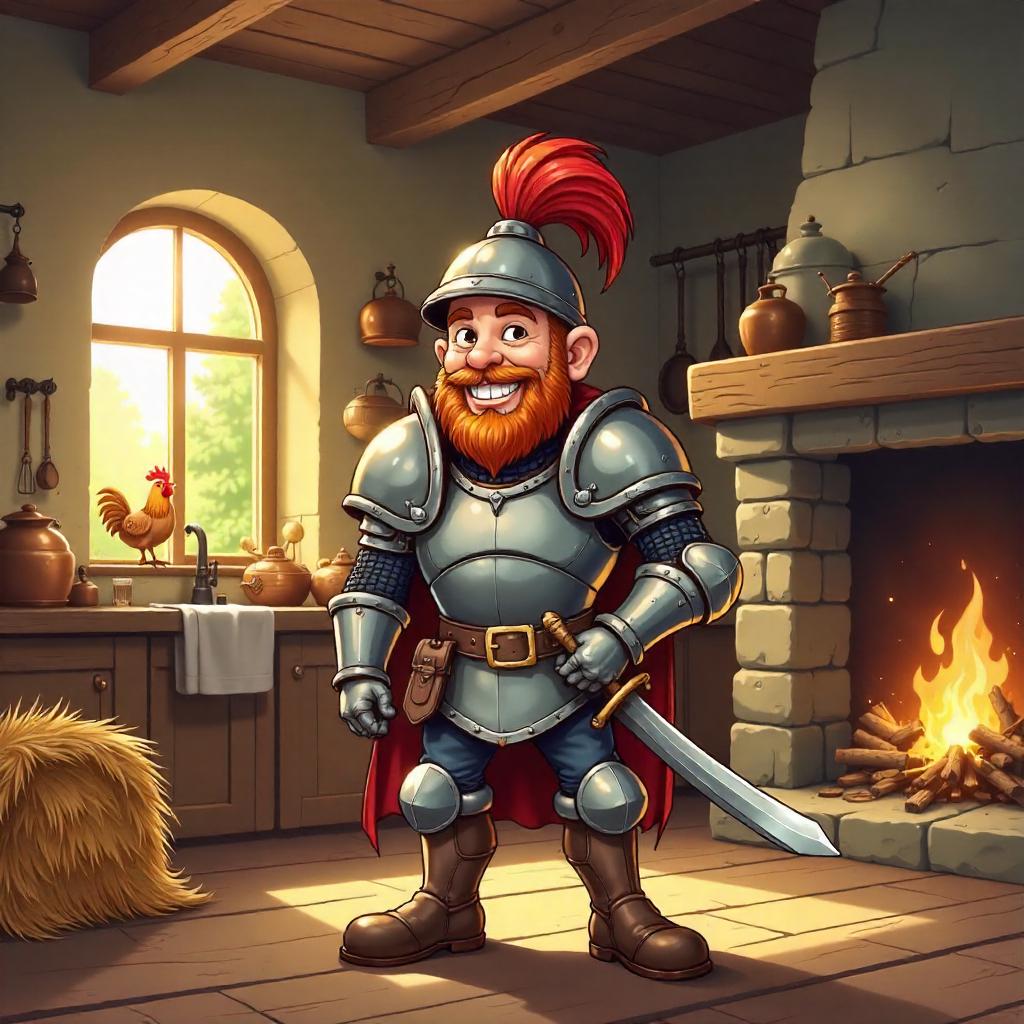 Cartoon Warrior in a Cozy Farmhouse
