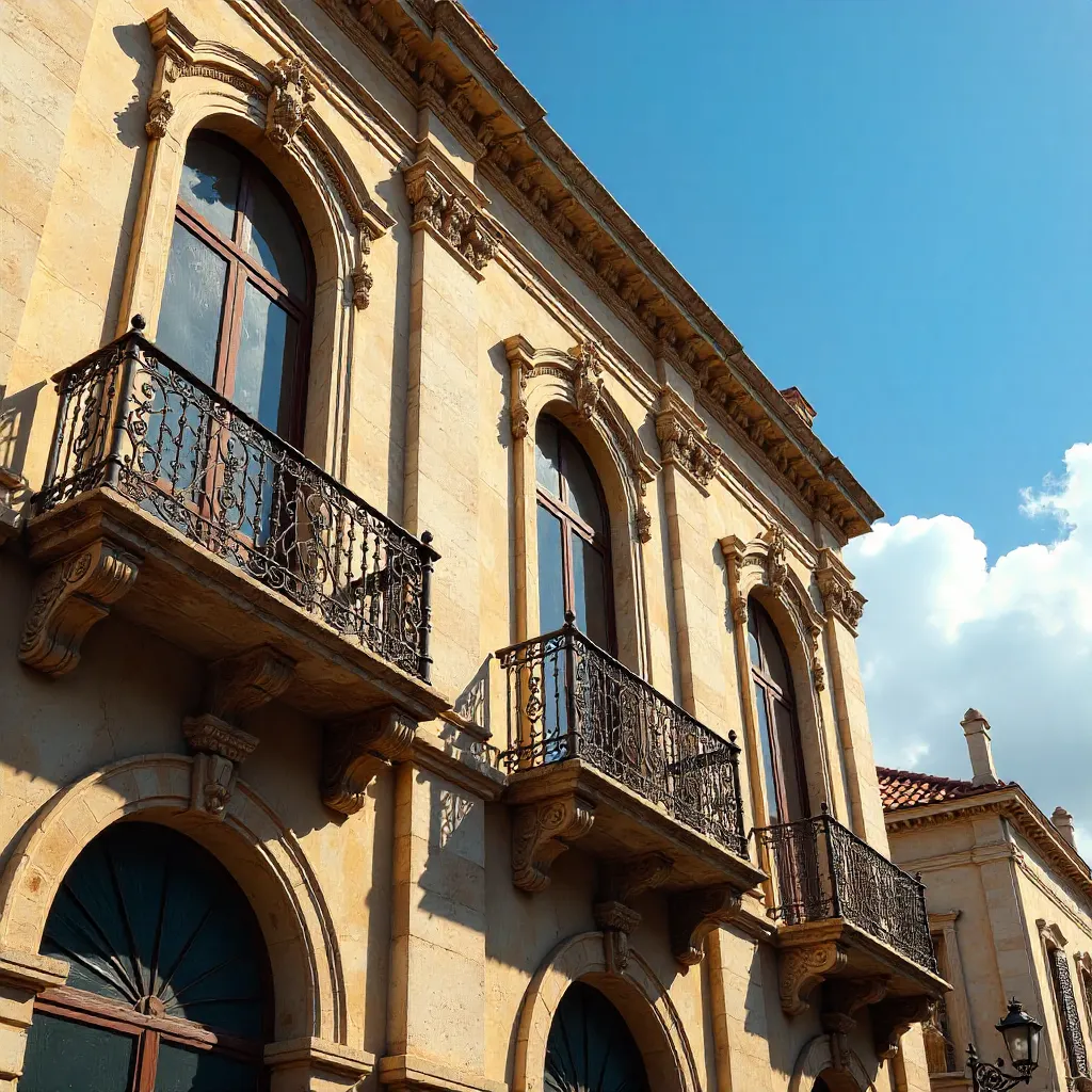 Elegant Historic Building with Wrought Iron Balconies under Azure Sky