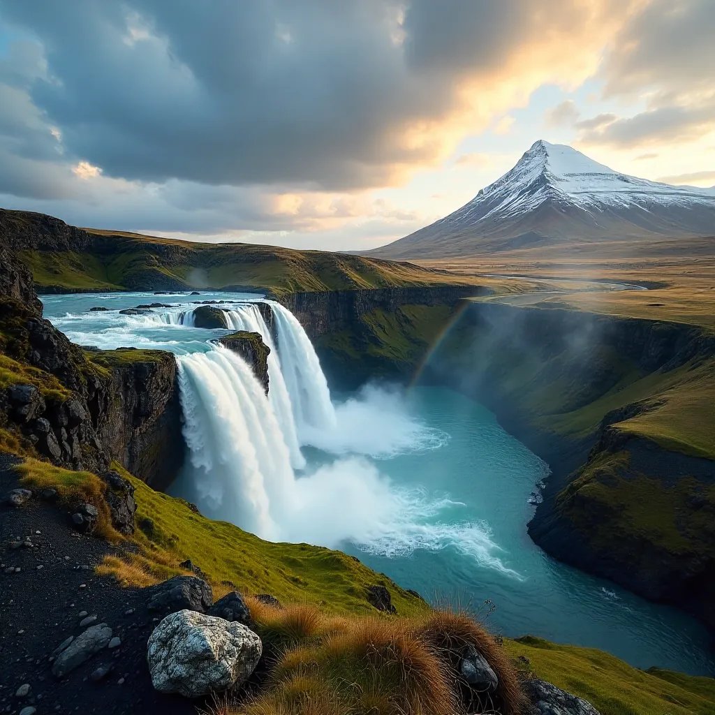 Icelandic Cascading Waterfall in Rugged Landscape