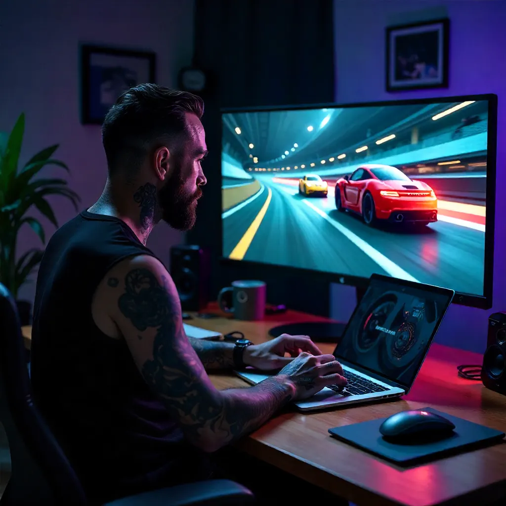 Anonymous Tattooed Man at Desk with Car Montage