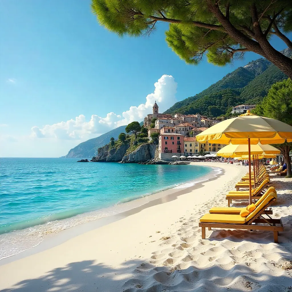 Sunny Beach with Yellow Umbrellas and Coastal Village