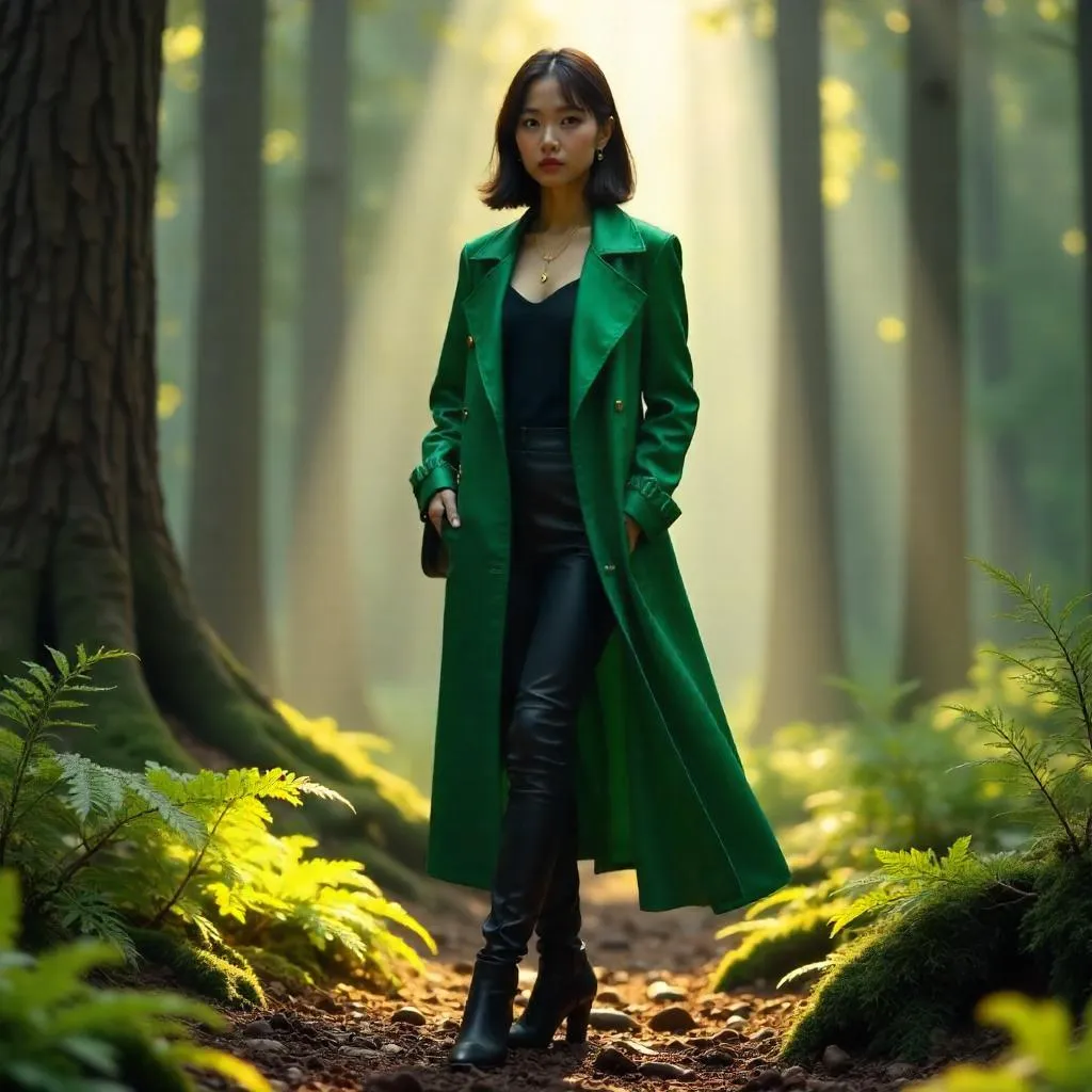 Forest Runway: Stylish Asian Woman in Digital Art