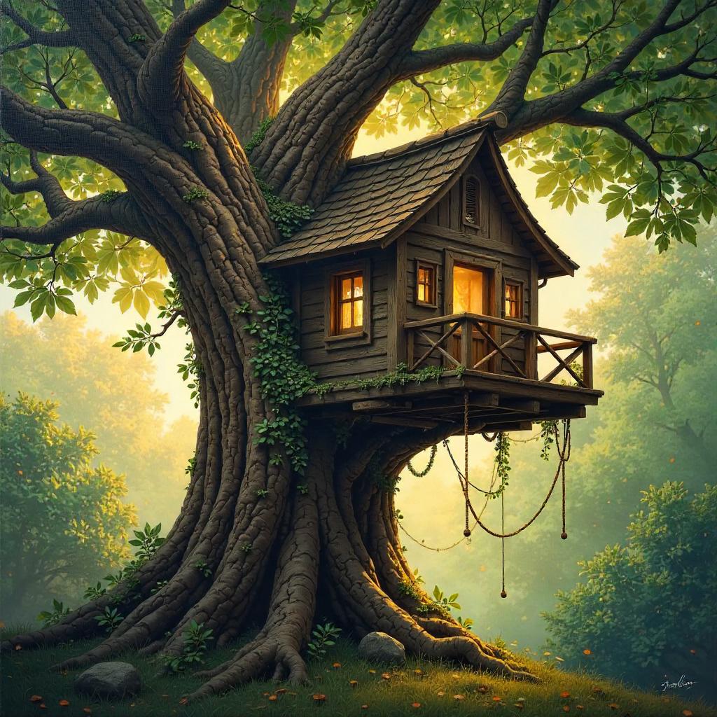 Photoreal Oil Painting of a Sunlit Treehouse