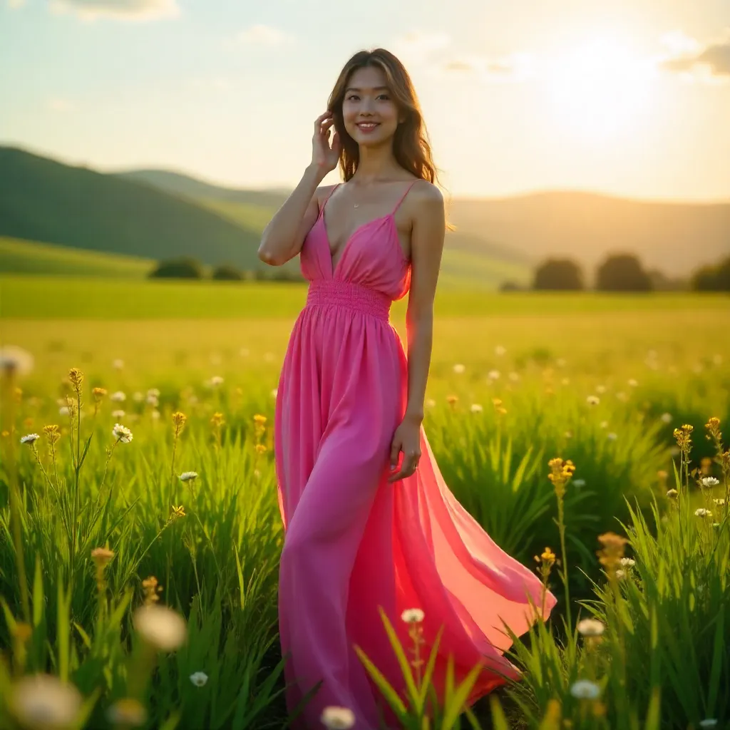 Sunlit Portrait in a Vibrant Pink Dress