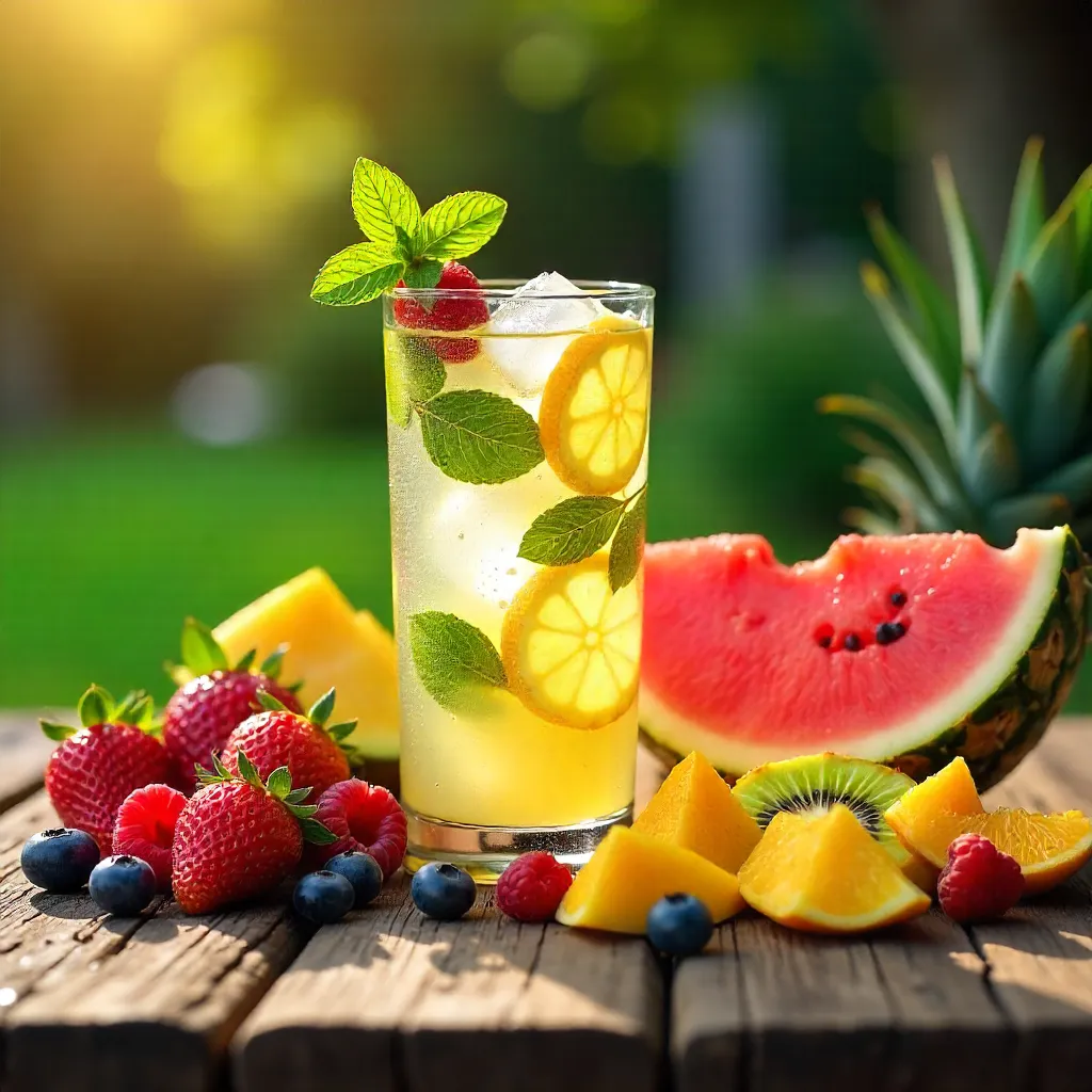 Colorful Summer Fruits With Icy Lemonade on Wood