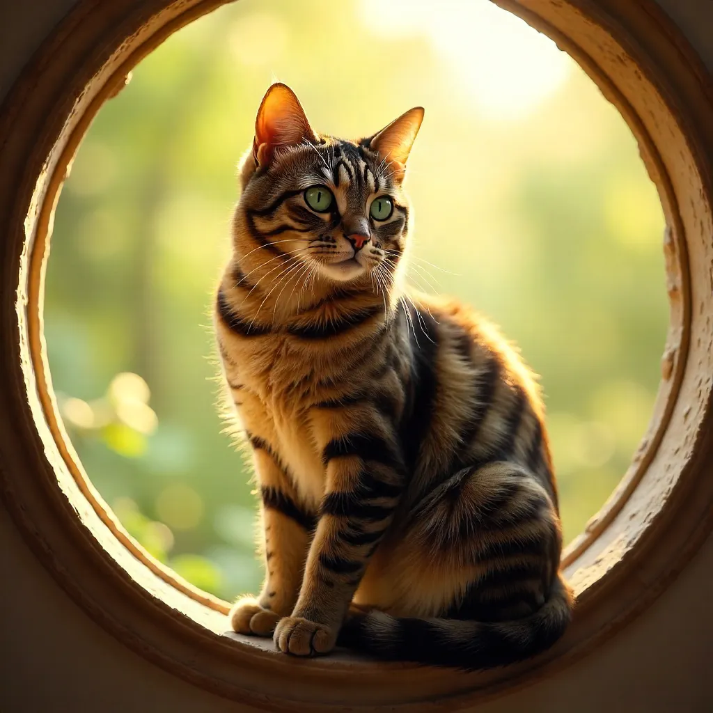 Sunlit Tabby on a Circular Window Ledge