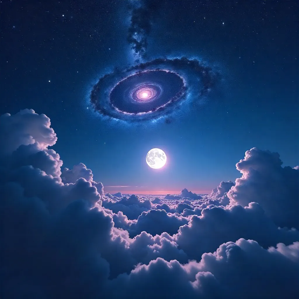Cumulus Clouds, Galaxy and Moon — Night Stock Photo