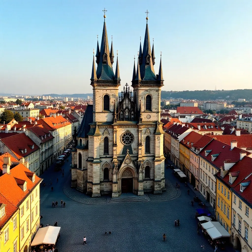 Aerial View of Our Lady Before Týn over Prague's Old Town Square
