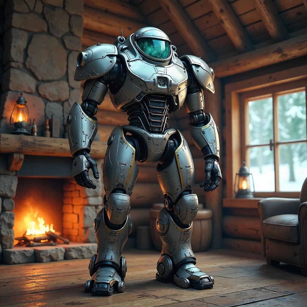 Mech Suit Inside a Rustic Log Cabin