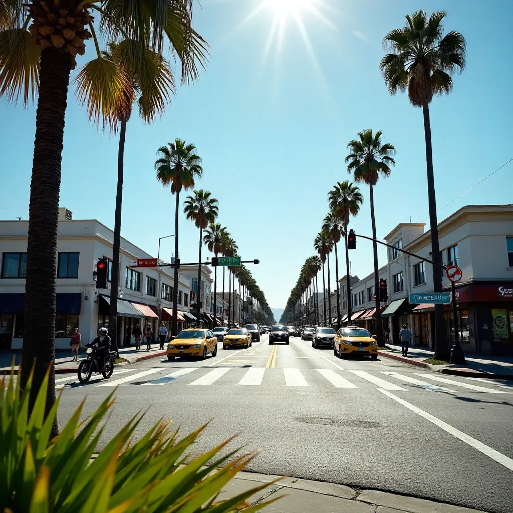 Palm-Lined Sweetzer Ave Intersection, LA — Busy City Scene