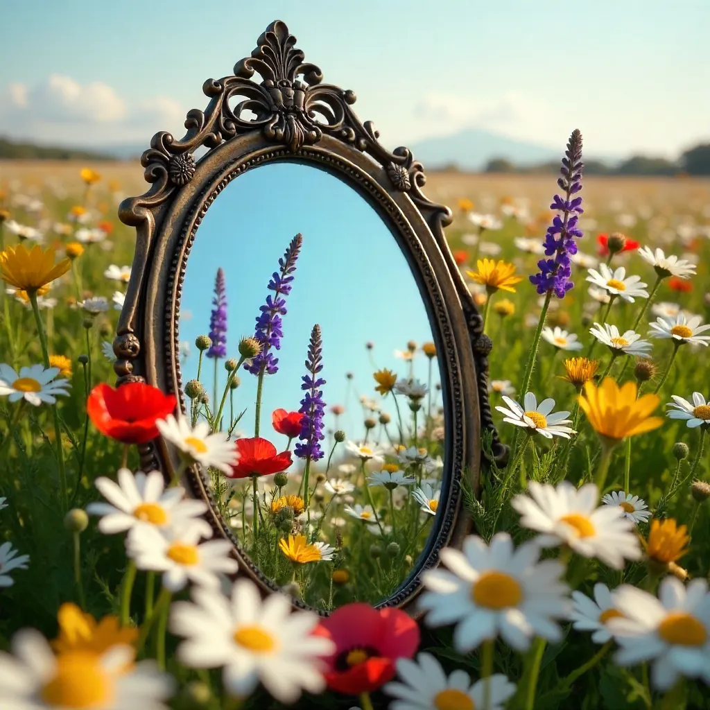 Mirror in a Daisy Field Reflecting Hidden Blooms