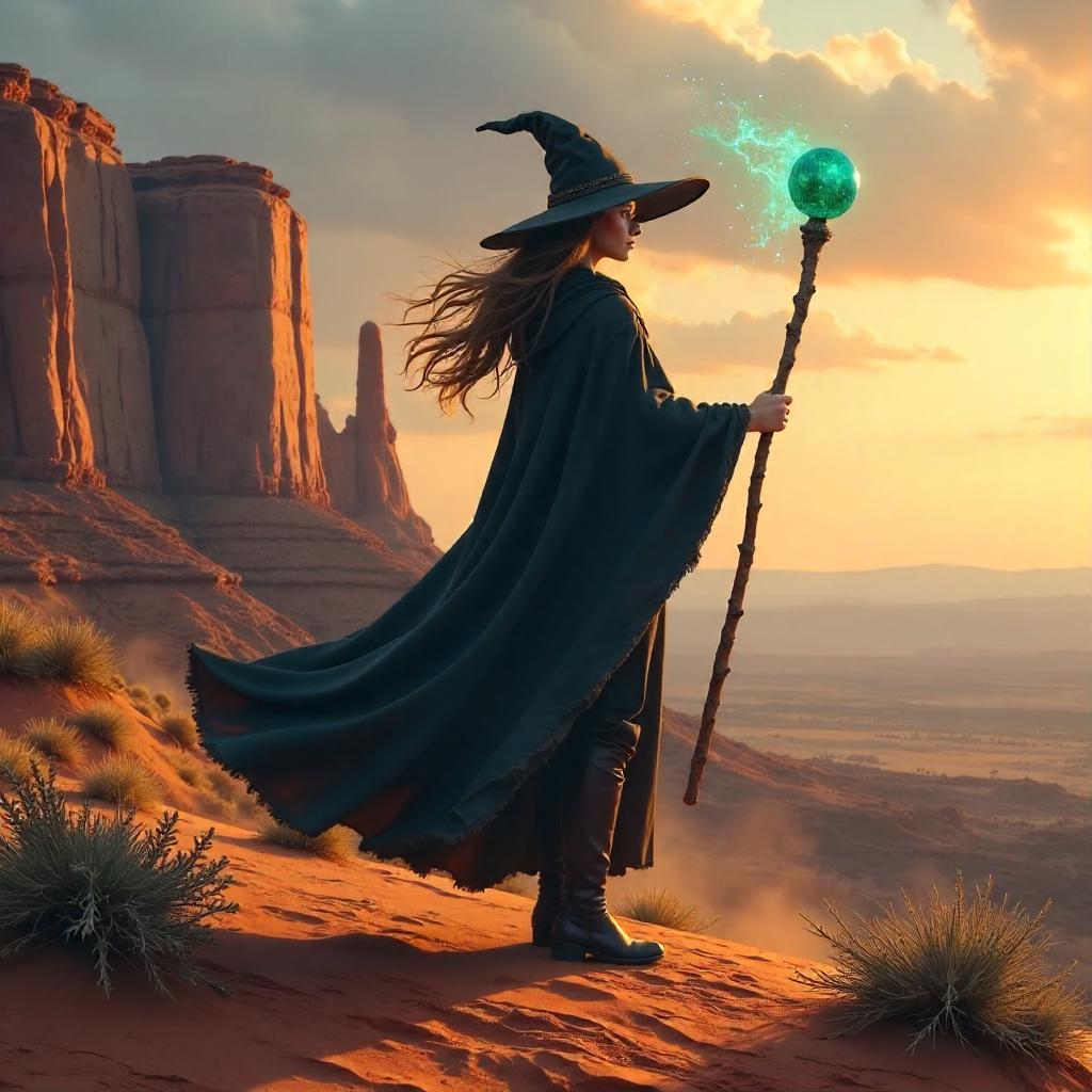 Photorealistic Witch on a Desert Mesa at Golden Hour