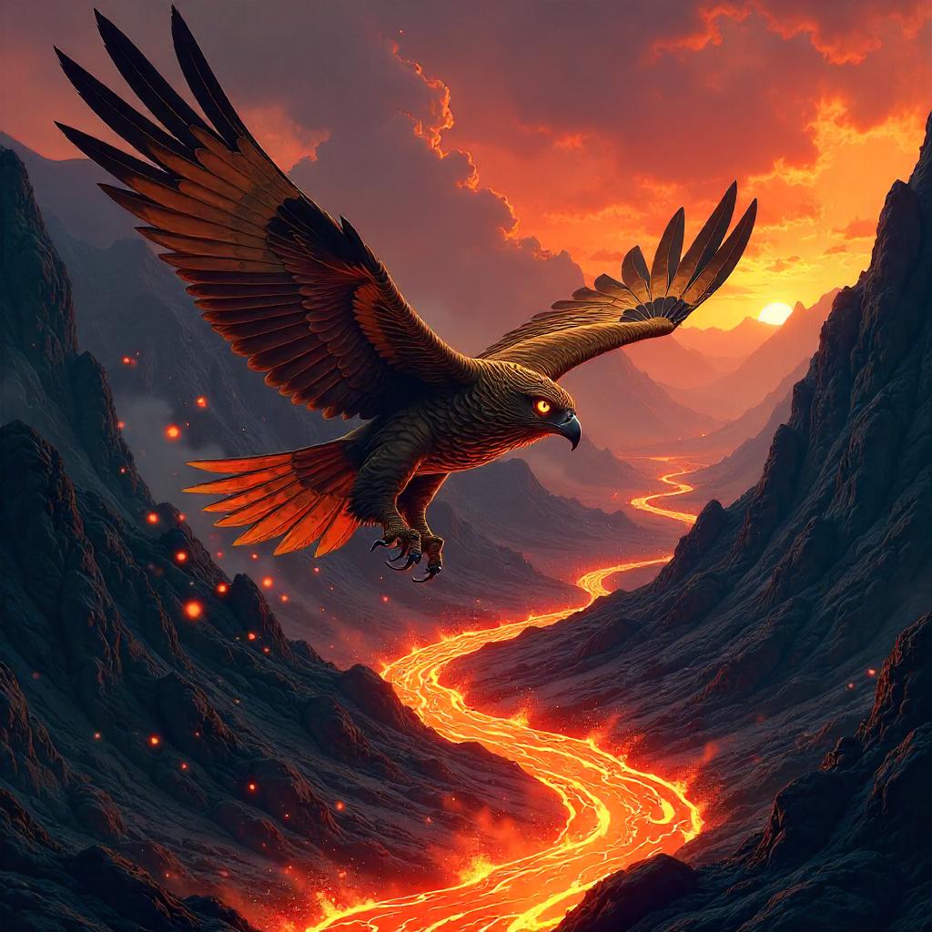 Hawk in Anime Style Near a Fiery Lava Flow