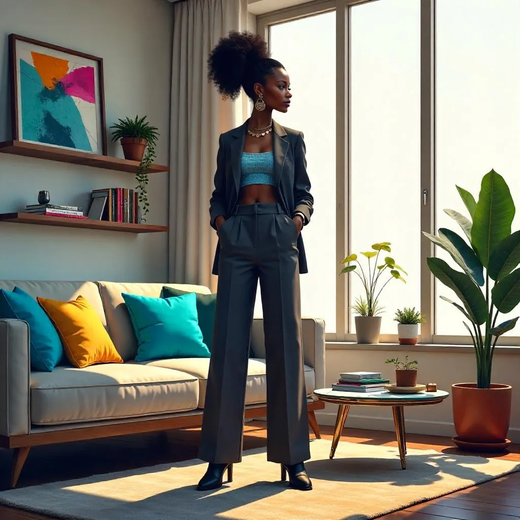 Stylish Black Girl in a Futuristic Living Room Concept Art