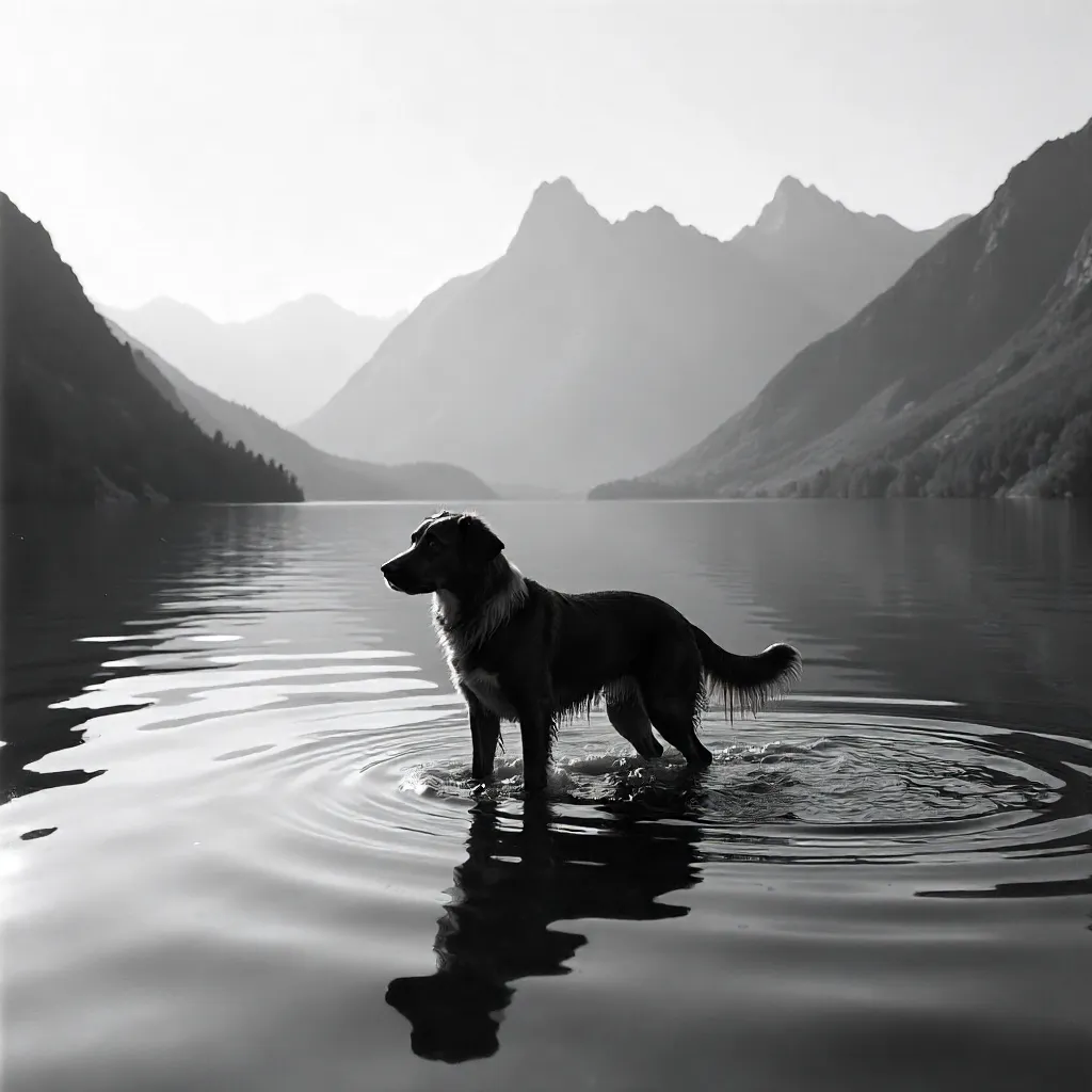 Monochrome Dog Wading in Alpine Lake