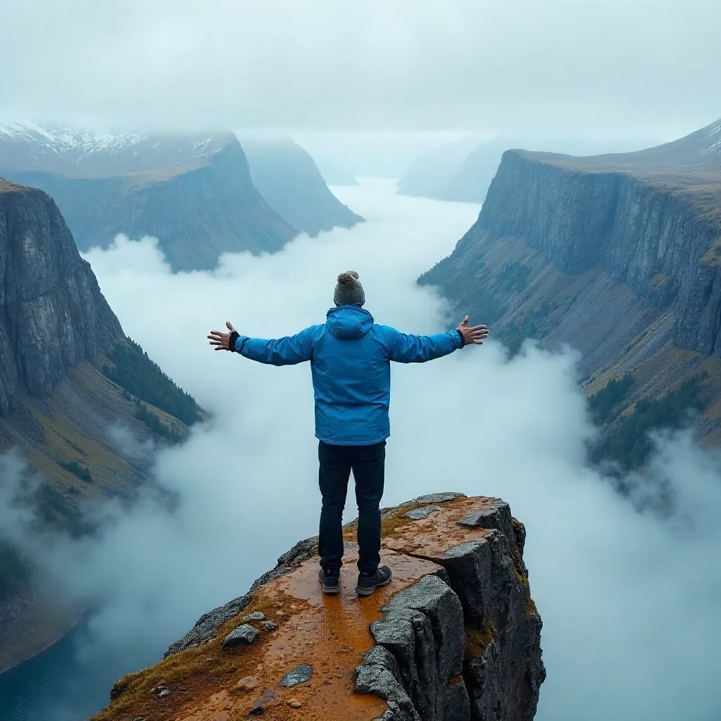 Open-Arms on Trolltunga in Fog
