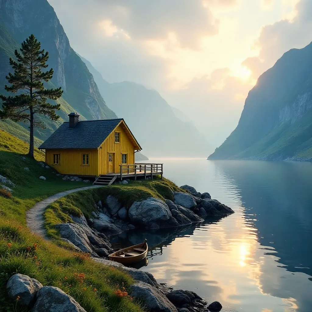 Yellow House in Nordland's Misty Fjord Seascape
