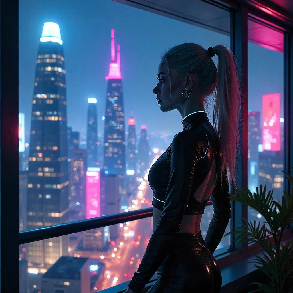 Neon Valkyrie: Cyberpunk Penthouse Vision