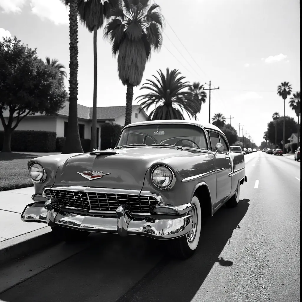 Monochrome LA Suburban Street with 1950s Classic Car