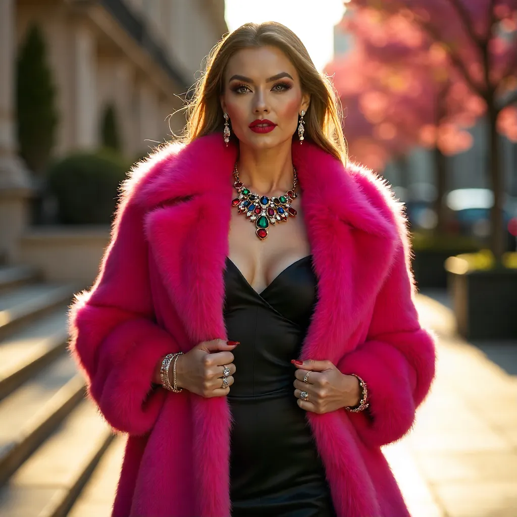 Glamorous Pink Fur Coat with Vibrant Jewelry Outdoors