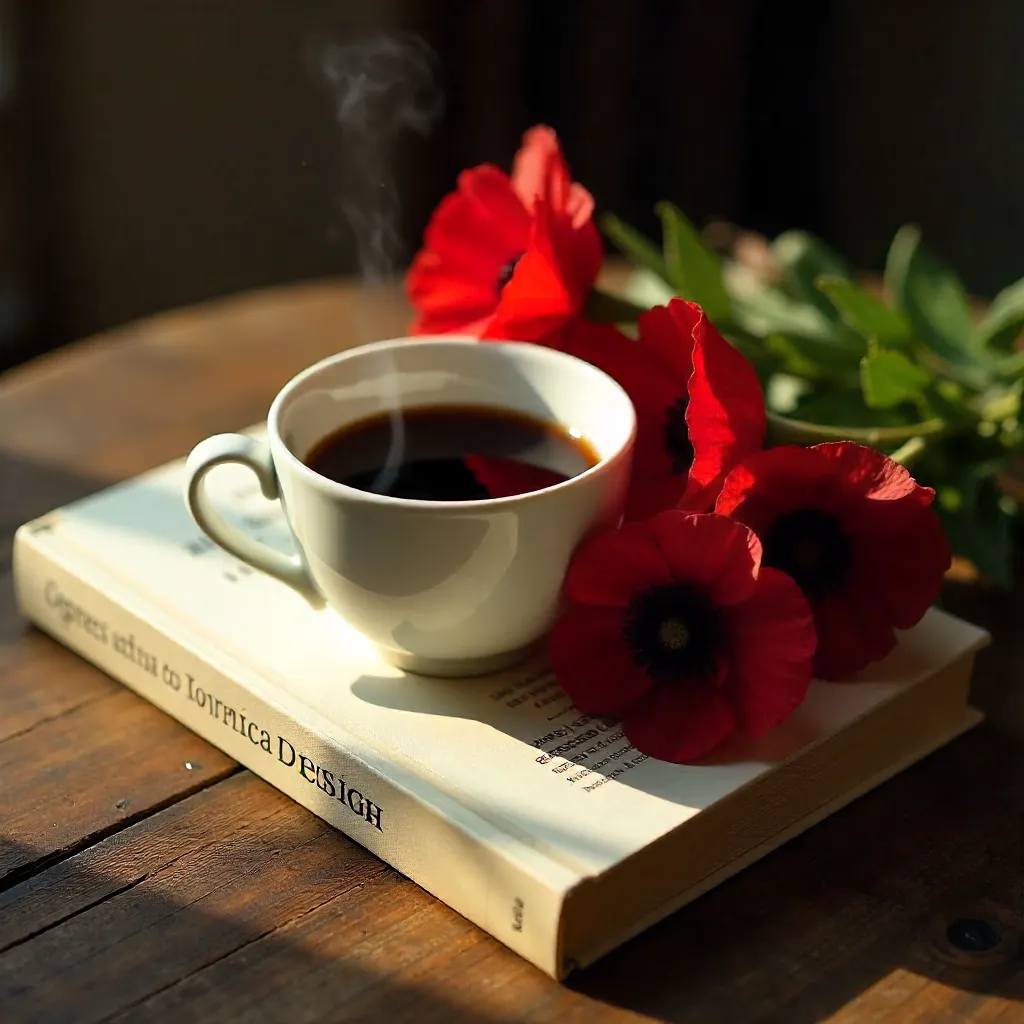 Cozy Still Life: Coffee Cup with Red Flowers on Design Book
