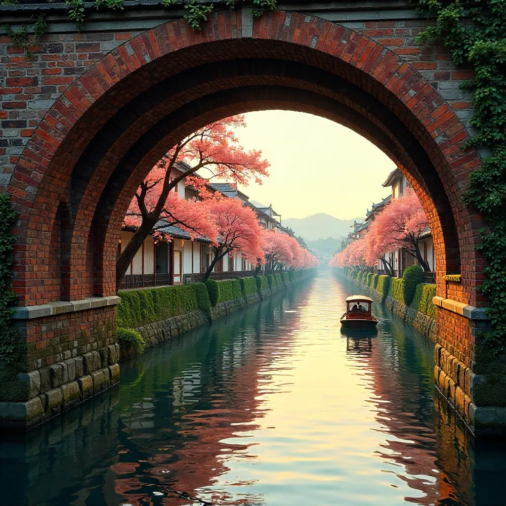 View Through Ancient Brick Arches of Kyoto Aqueduct