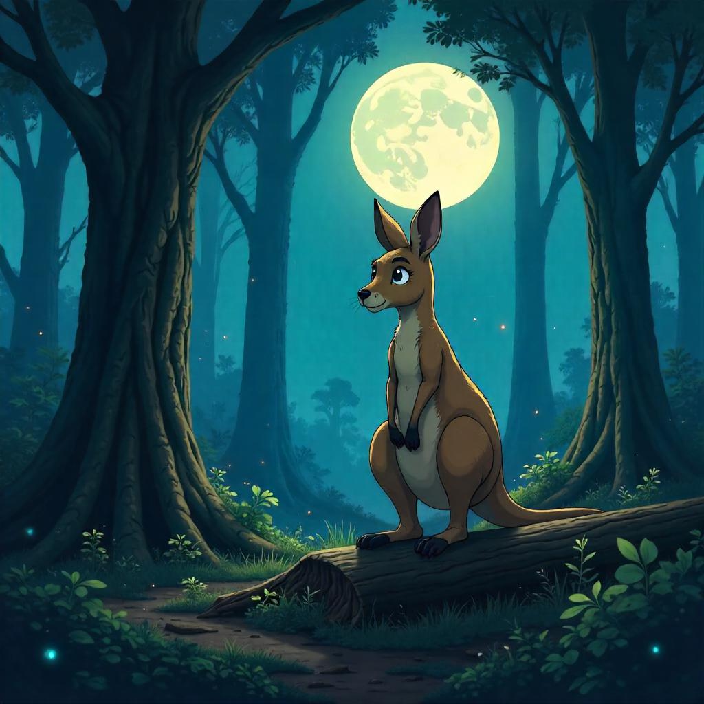 Midnight Kangaroo in a Whispering Forest (Anime Style)