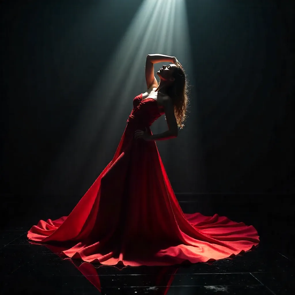 Red Dress on Black Floor in Dramatic Chiaroscuro