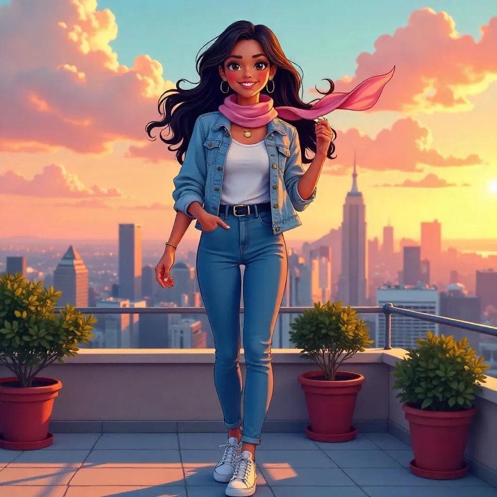 Cheerful Latina on Rooftop in Anime Style