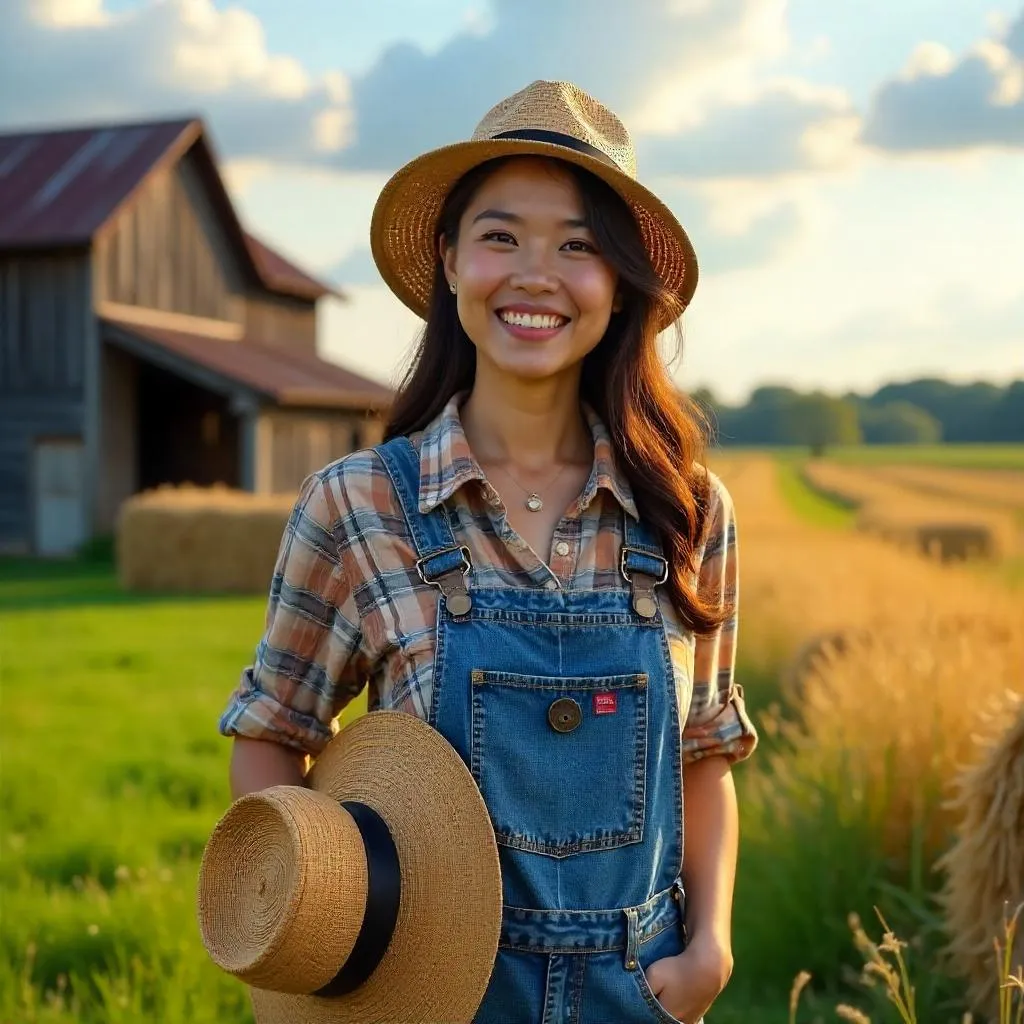 Cheerful Asian Woman on a Lush Farm - Photoreal Portrait