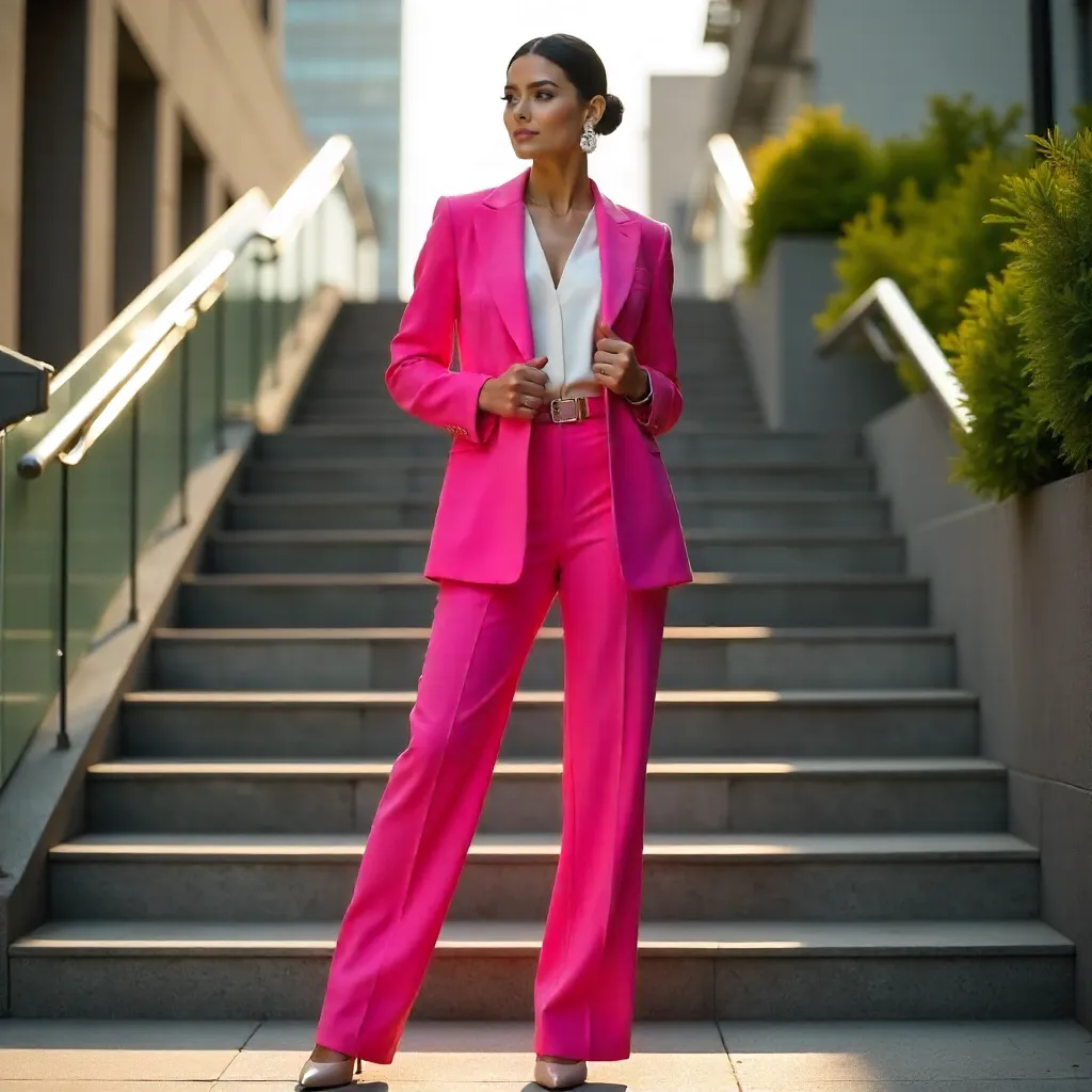 Confident Woman in Pink Suit on Outdoor Steps