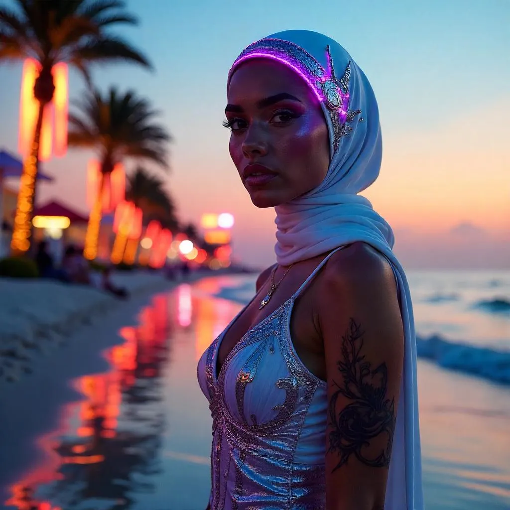 Neon Sands: Cyberpunk Beauty at a Beach Resort