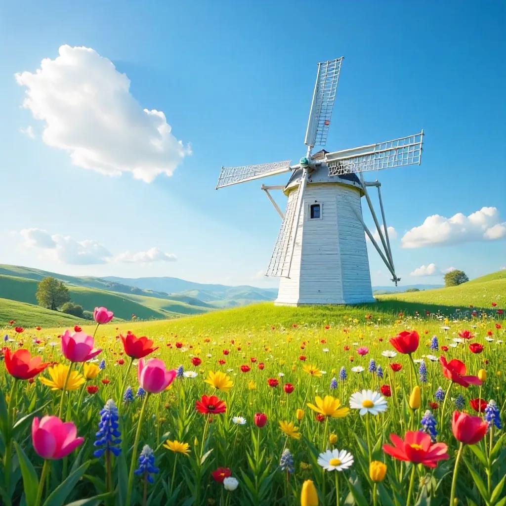 White Windmill Amid Spring Blooms