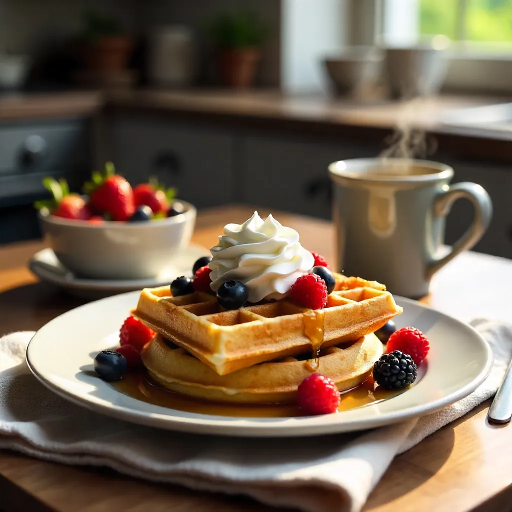 Cozy Breakfast Waffles with Berries and Cream