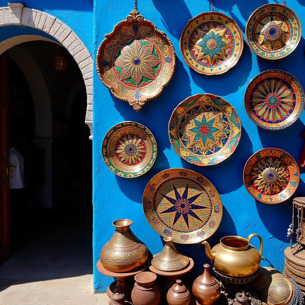 Vibrant Moroccan Souvenirs on a Blue Rabat Wall